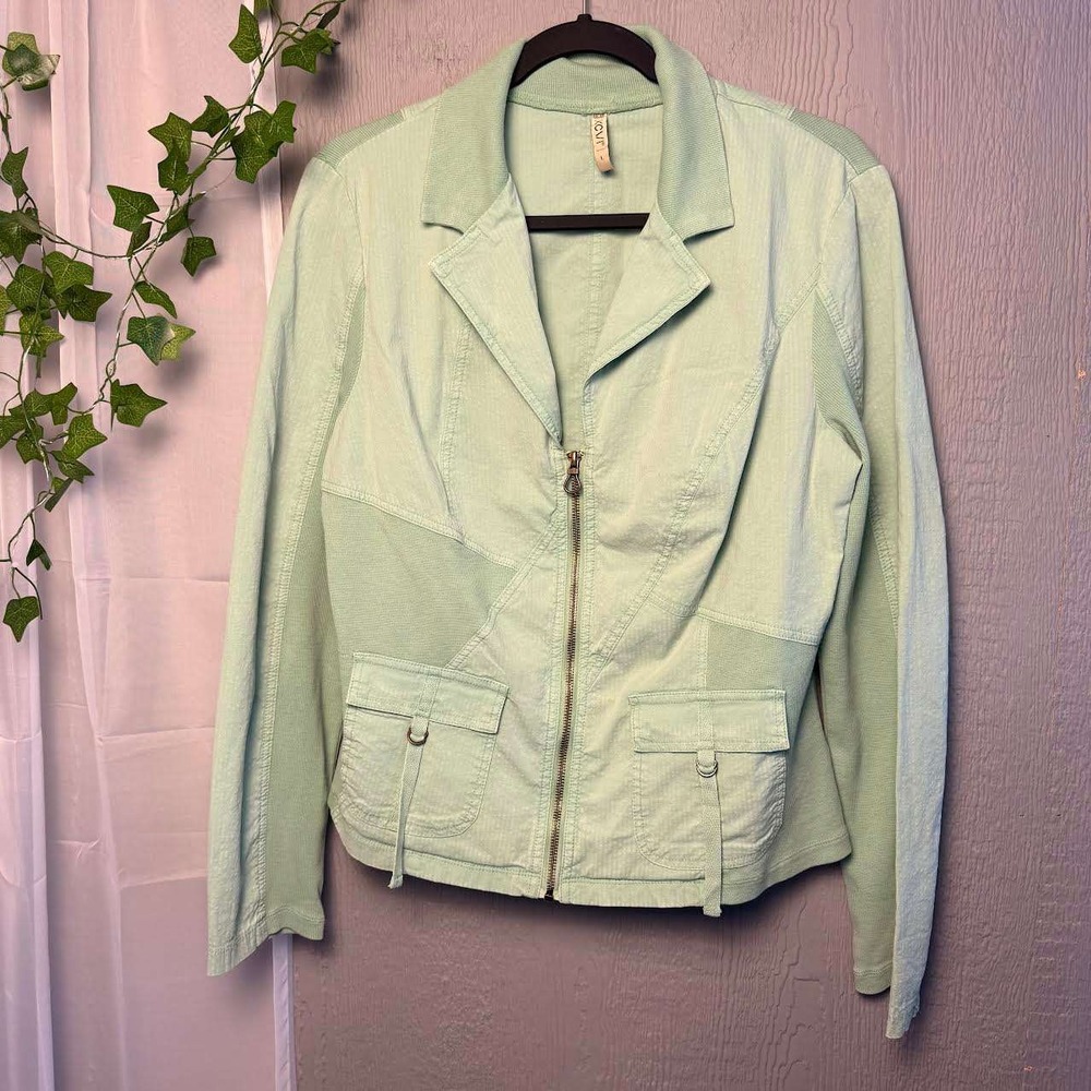 XCVI Light Green Mixed Media Zip Up Jacket Diagonal Seam Panels Large 14819